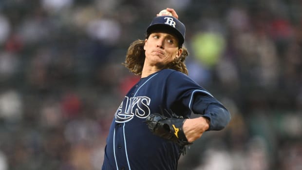 Sep 27, 2023; Boston, Massachusetts, USA; Tampa Bay Rays starting pitcher Tyler Glasnow (20) pitches against the Boston Red Sox during the first inning at Fenway Park. Mandatory Credit: Brian Fluharty-USA TODAY Sports  